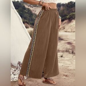 Bohemian Wide Leg Embroidered Side Stripe Pants